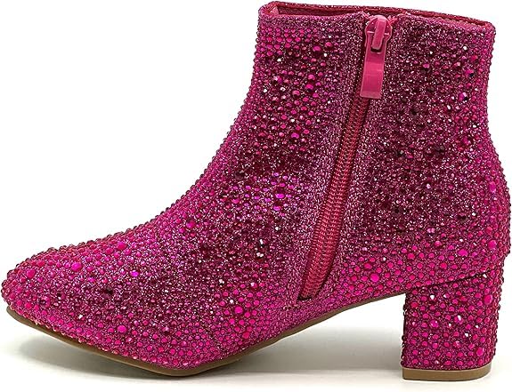 Forever Girls Rhinestone Boots Kids Low Heel Dress Booties Iceberg-12K Shoes Fuchsia Rhinestone 104