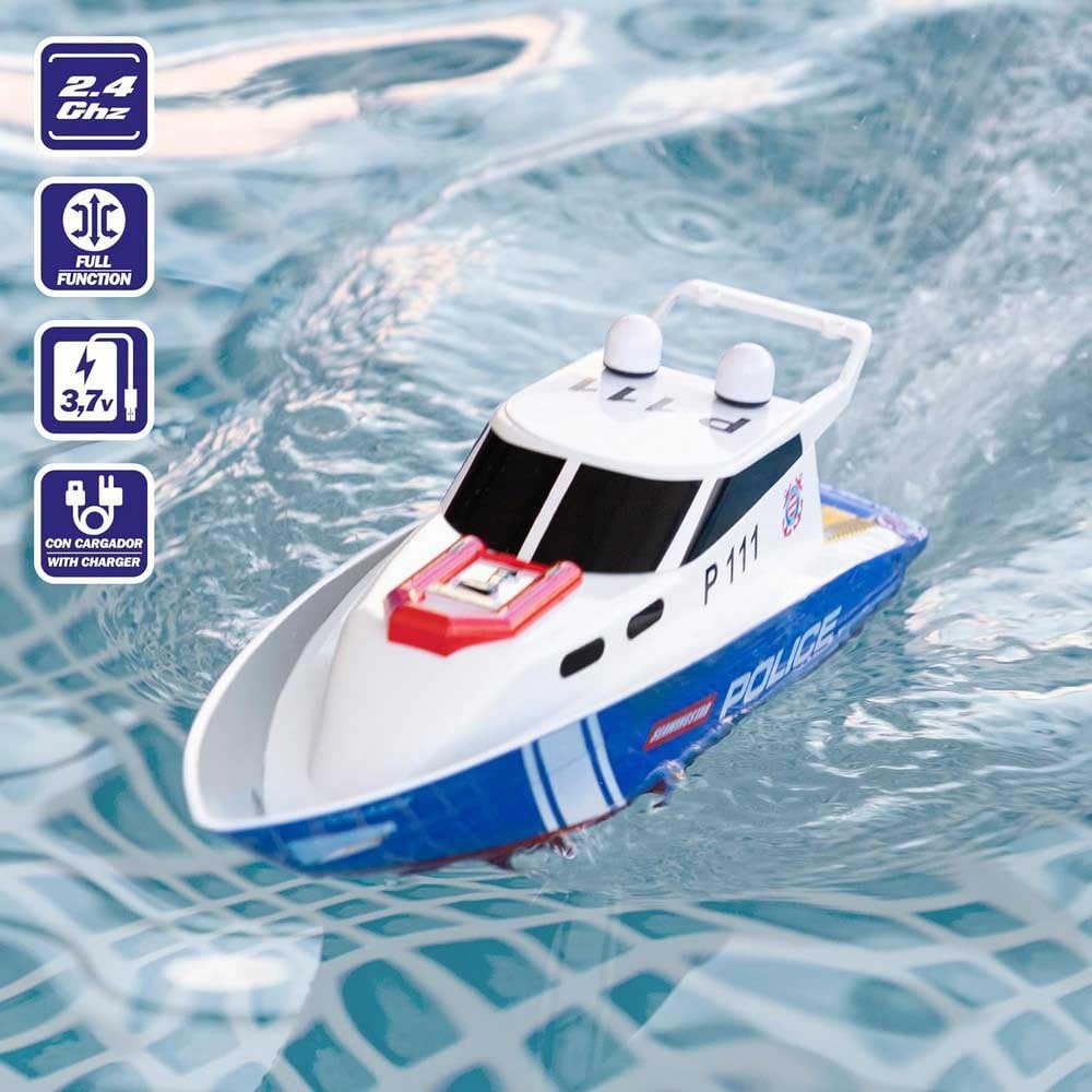 ColorBaby 47674 Racing Boat Boat Police Radiocontrol, 36x10x10 cm, Pilot zdalnego sterowania, 6 kierunków, 2,4 GHz, zasięg 35-40 m, łódź RC, zabawki dla dzieci, 4 lata