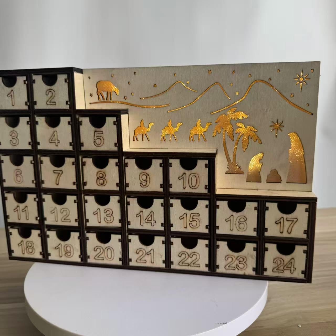Weihnachtskrippen-Adventskalender aus Holz mit integrierten LED-Lichtern, Urlaubs-Countdown-Ornament & Wohnkultur aus Holz Weihnachten beleuchteter Adventskalender