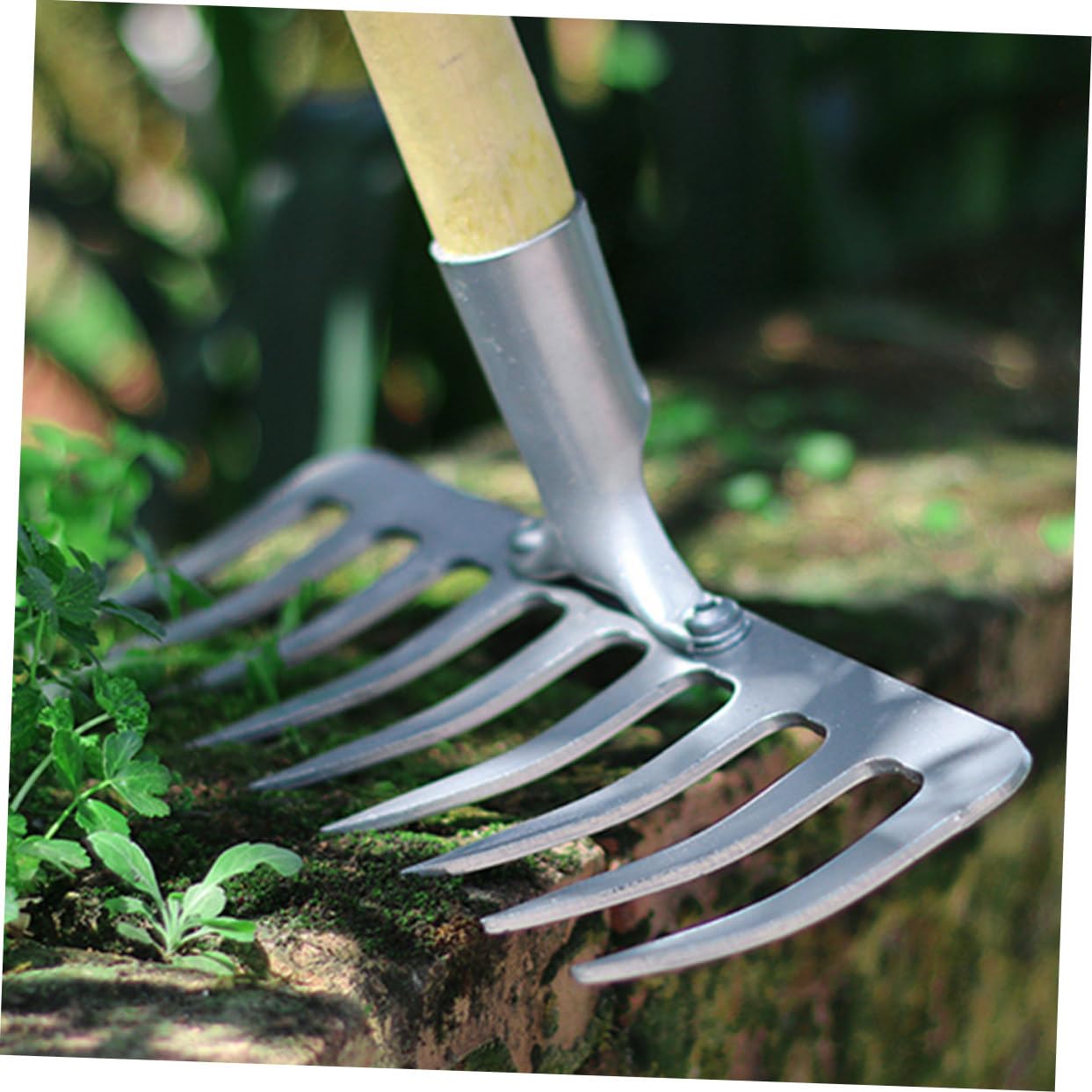 Rastrillo para desherbar Gardenia de 2,0,60" (152 cm) de Hierro Forjado con exclusivos 6 púas reforzadas de Doble Filo y Mango Largo de Madera Jardines y céspedes.