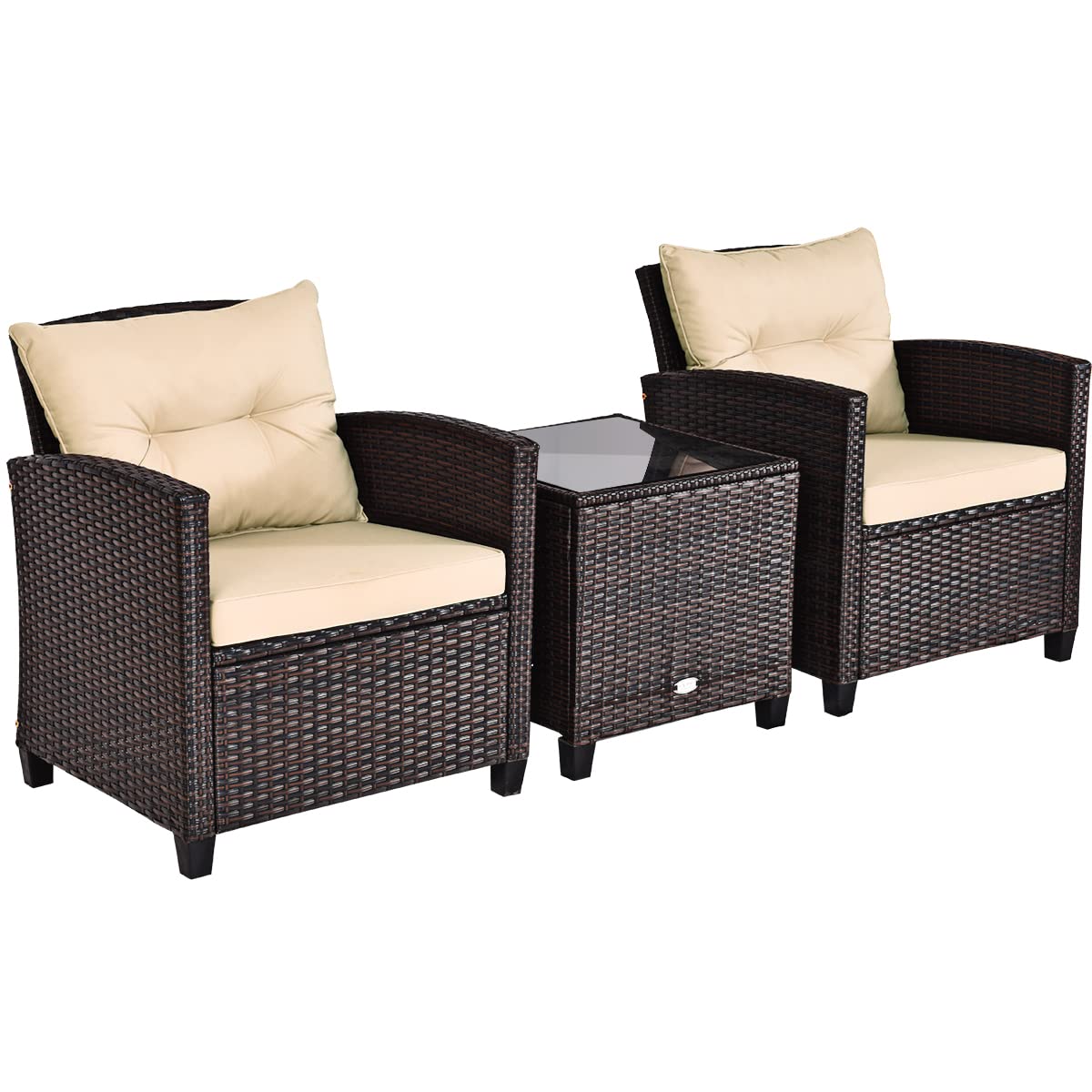 KOMFOTTEU Mobili da balcone, set da giardino in rattan con tavolino e 2 sedie, tavolo da balcone con piano in vetro, set da 3 mobili da giardino per terrazza, balcone (marrone e giallo terra)