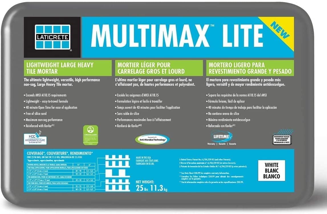 Laticrete Multimax Lite One-Step Polymer Fortified Large and Heavy Tile Mortar, 25 Lbs Bag for Interior and Exterior Ceramic Tile Installations, White (0289-0025-22)