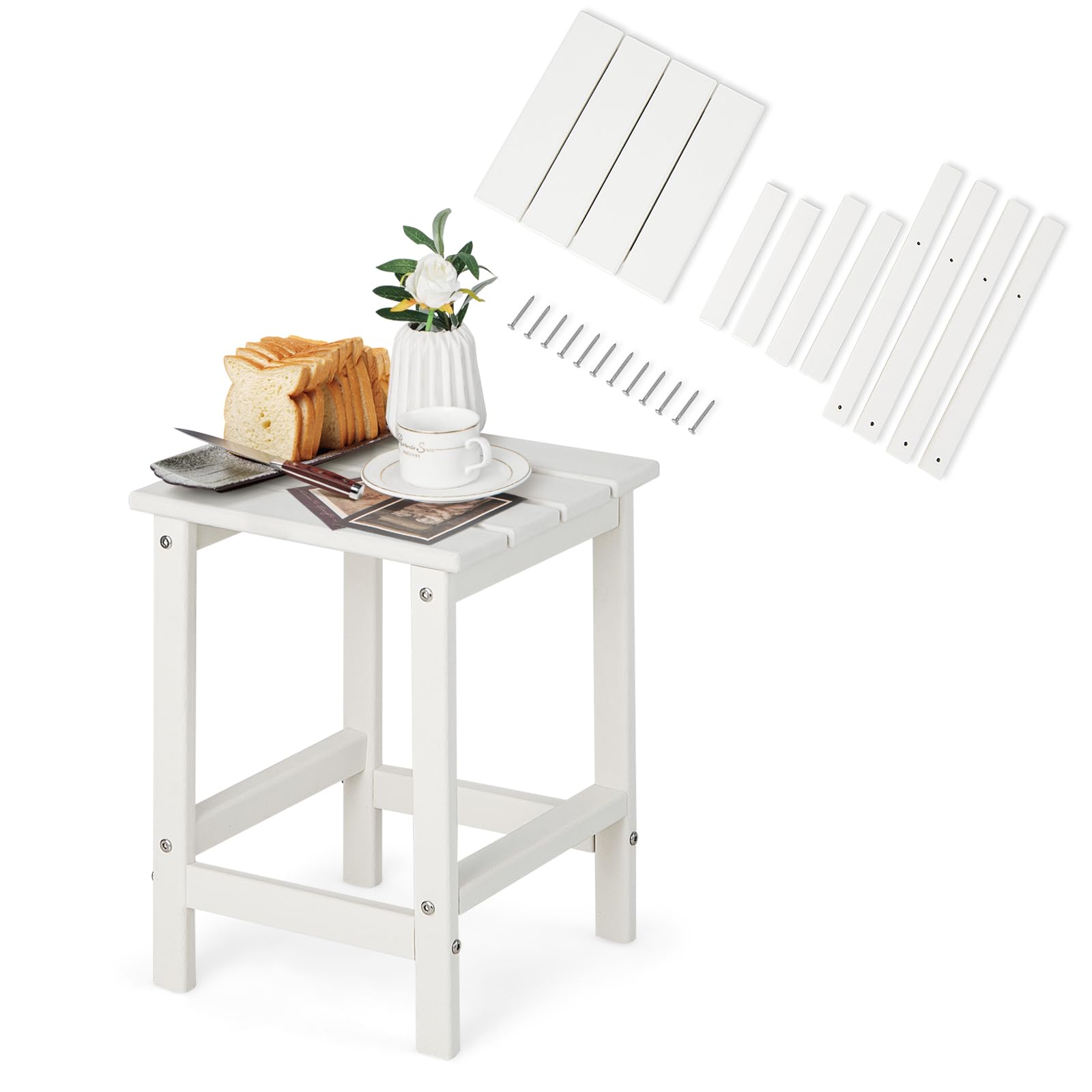 KOMFOTTEU Mesa de Centro de Jardín, Mesa Auxiliar de Exterior de HDPE, Mesa Lateral con Carga de 150 kg, Mesita de Café para Balcón, Terraza, Patio, 36 x 36 x 46 cm (Cuadrada, Blanco)