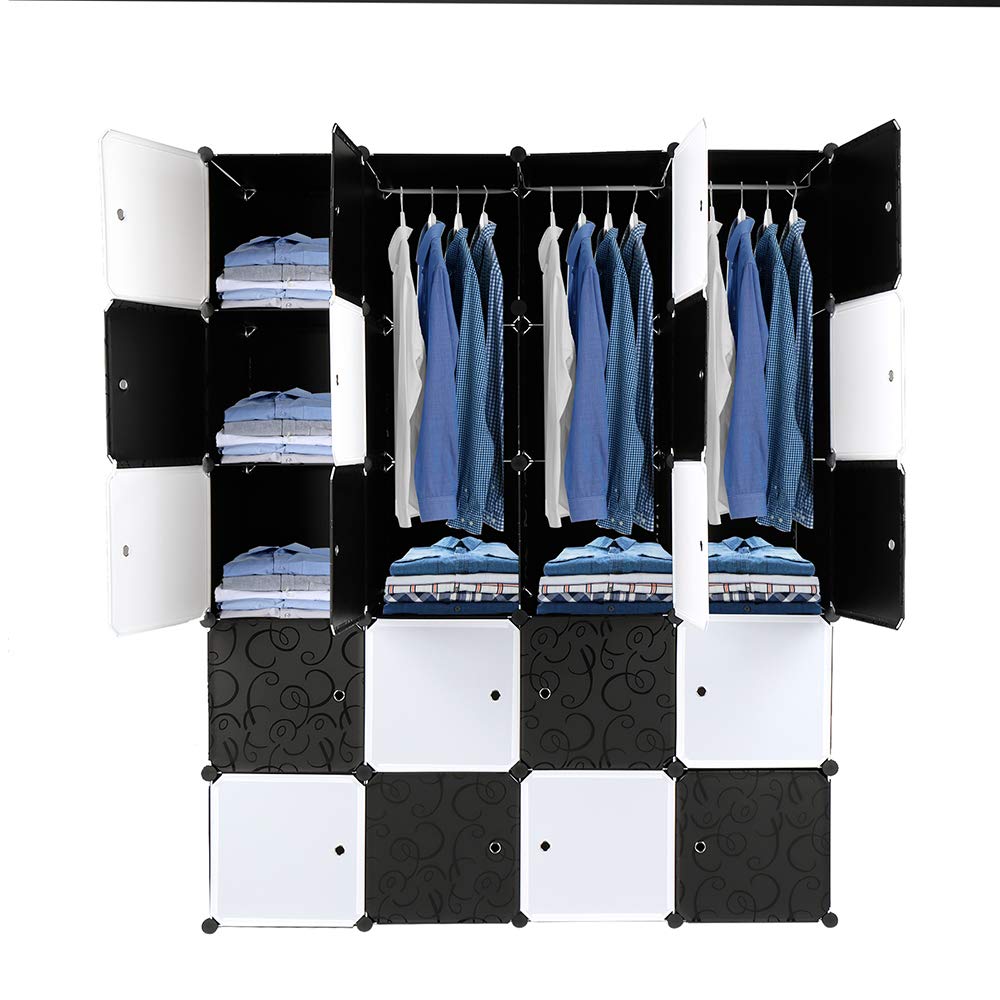 Armoire Penderie Modulable, 20 Cubes, Armoire Chambre, Étagère de Rangement avec Portes, pour Le Stockage de vêtements, Jouets, etc.. (Porte Noire et Blanche, 140 x 45 x 175 cm)