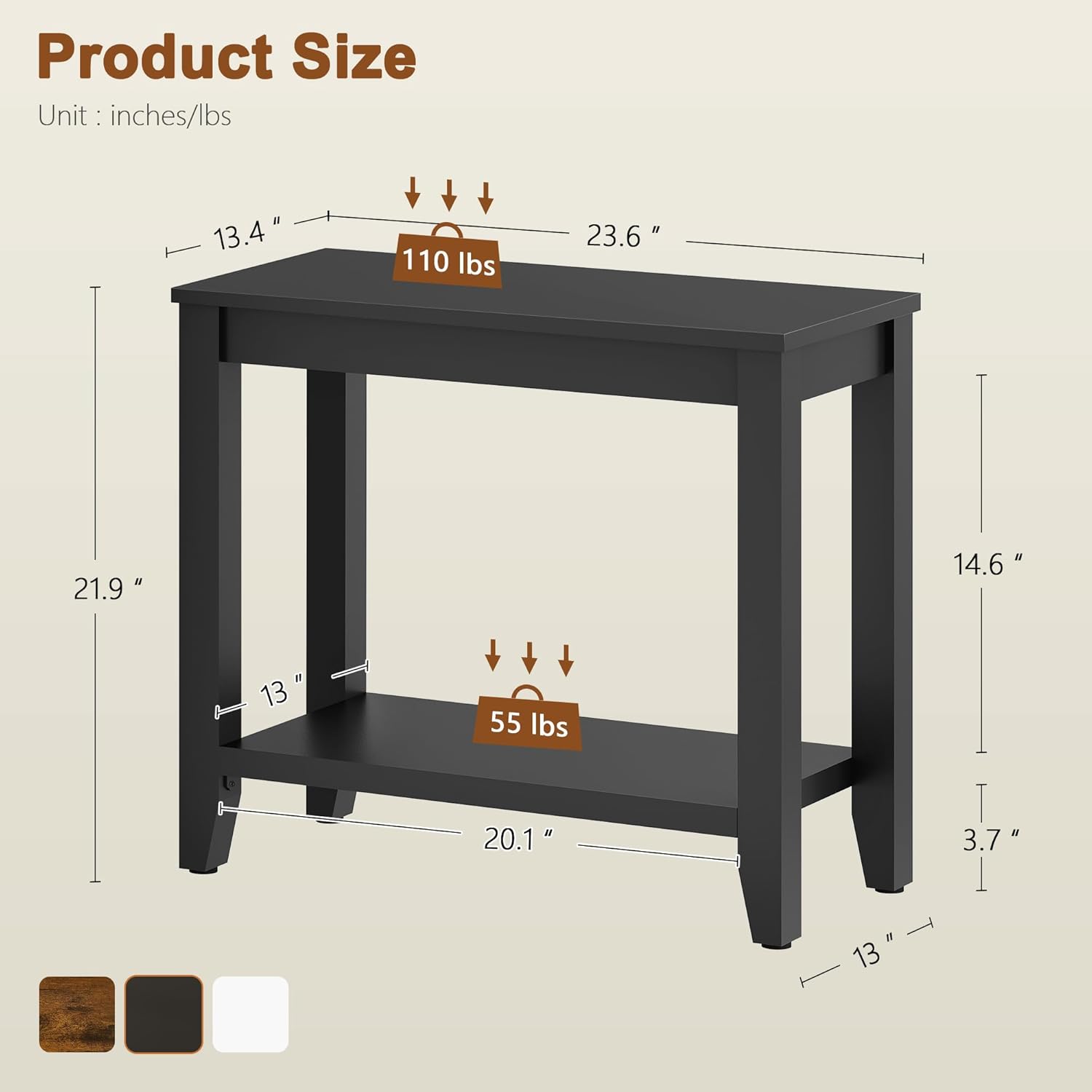Hoctieon End Table with Double Storage Shelves, Sturdy Wooden Side Table for Living Room, Bedroom, Modern Nightstand Sofa Table for Small Spaces, Black