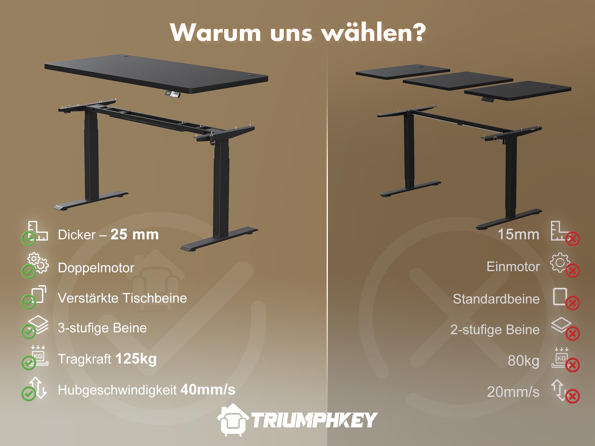 TRIUMPHKEY 180×80cm Höhenverstellbarer Schreibtisch mit 40mm/s Dualmotor und 25mm Durchgehende Tischplatte, Ergonomischer Bürotisch mit Smart Reminder für Tagessteh-Ziele, inkl.USB-C, 125kg Tragkraft