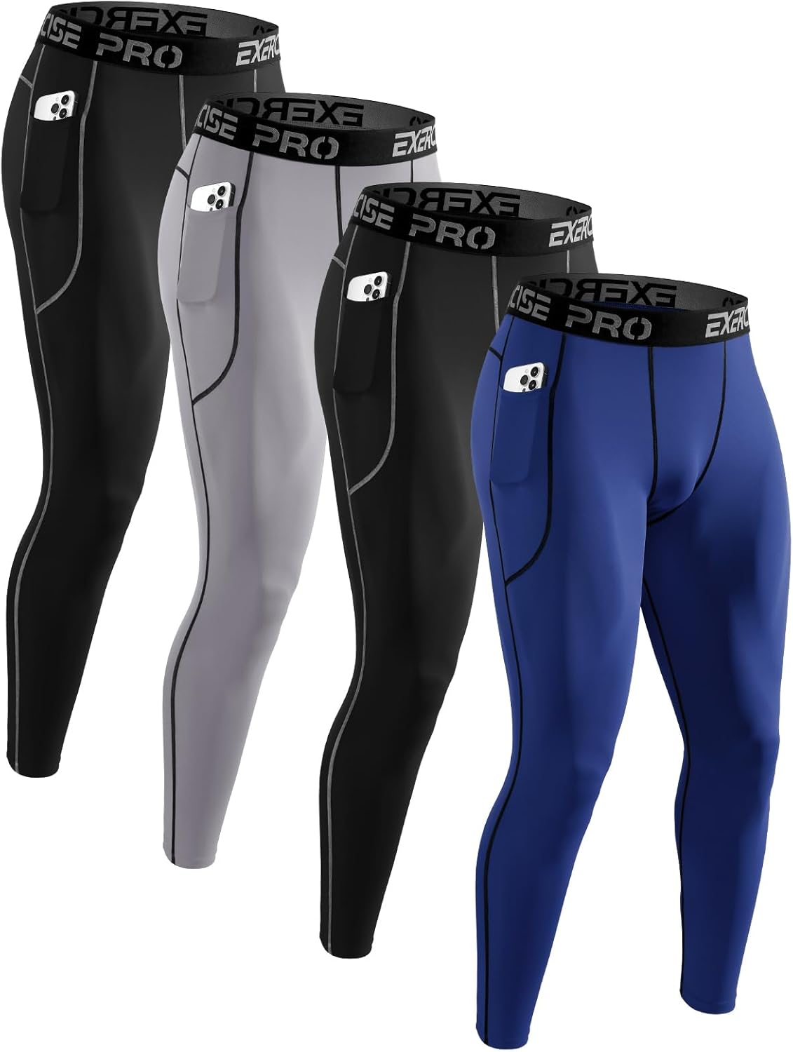 4 Pack Men’s Compression Pants Running Tights Workout Leggings for Men Athletic Base Layer Bottoms with Pockets