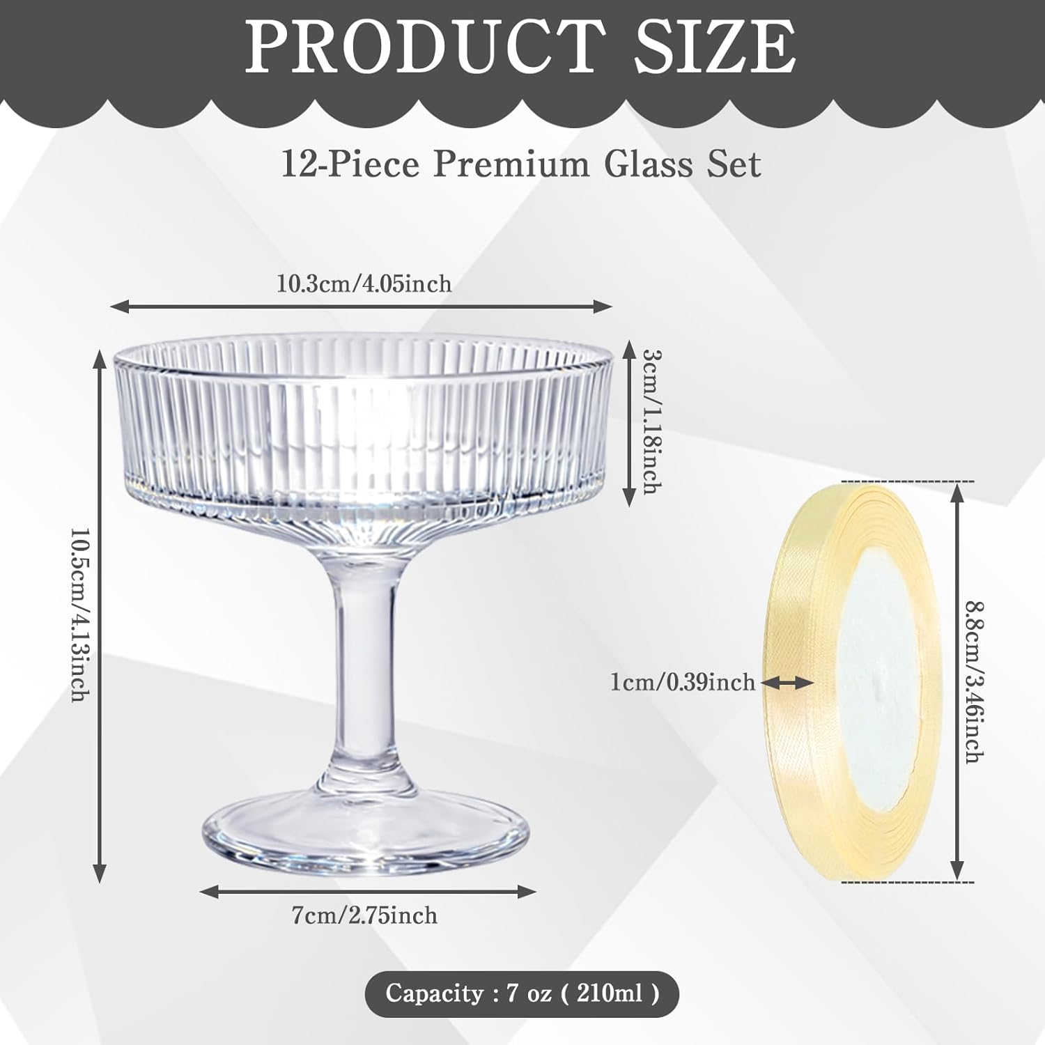 12 Pcs Ribbed Vintage Coupe Glasses 7 oz Reusable Clear Martini Cup Champagne Coupe Cocktail Ribbed Glassware for Christmas, Weddings, Anniversaries