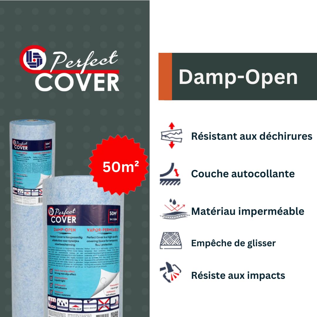 Perfect Cover Feutrine Autocollante Perméable à l’Air 1 m x 50 m – Bâche de Protection Sol Chantier pour Rénovation, Adaptée aux Sols en Bois et Carrelage, Résistante aux Liquides | 160 g/m²
