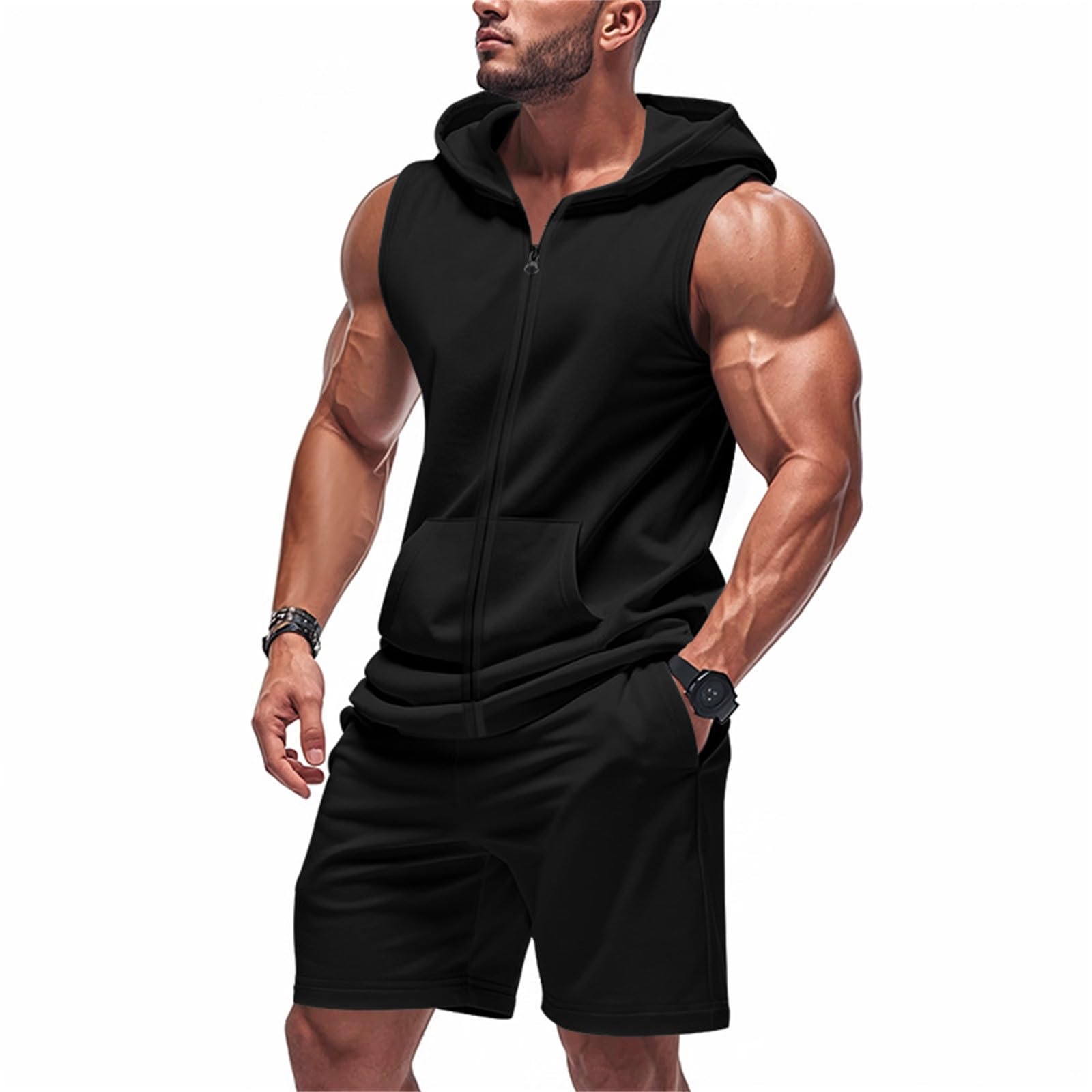 Tuta da uomo, set completo per il tempo libero, gilet con cappuccio e pantaloncini, tinta unita, camicia e pantaloncini, casual, corsa, sport, sudore, abbigliamento sportivo per spiaggia, vacanze