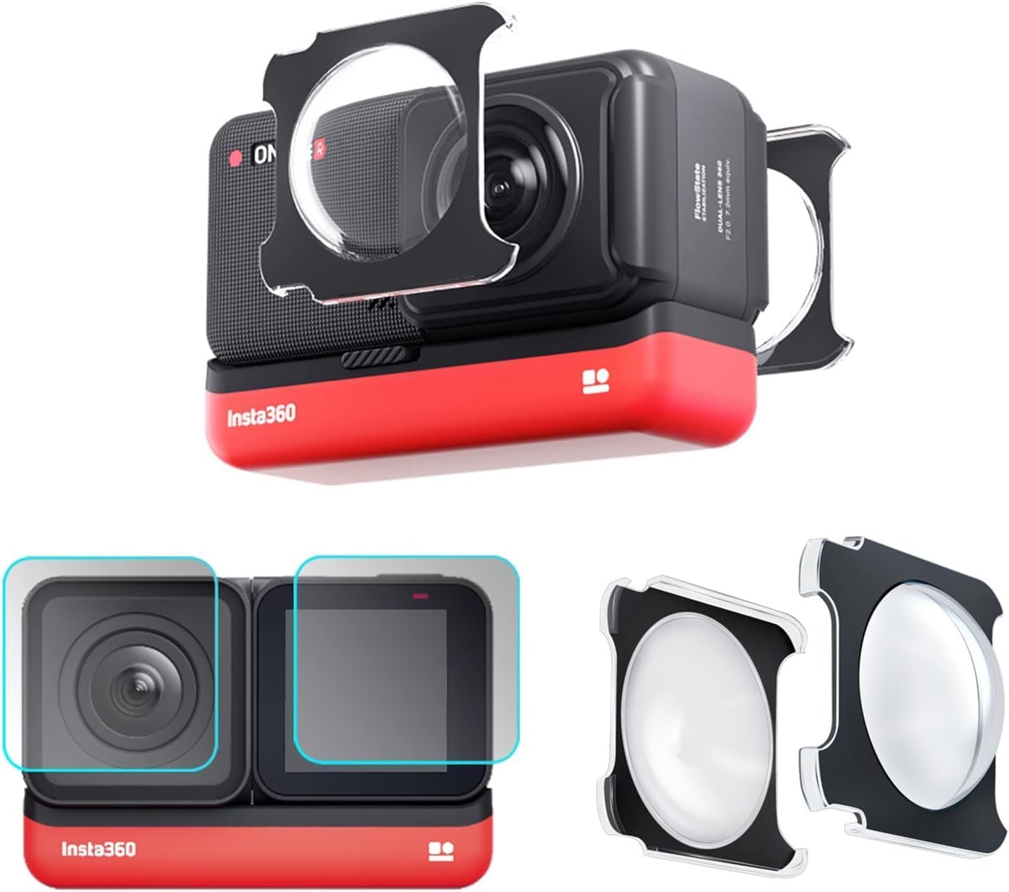 Sticky Lens Guards + Screen Protector for Insta360 ONE RS / Insta360 ONE R, 2 Set Twin Screen Protector Tempered Glass Film Lens Cover Accessories