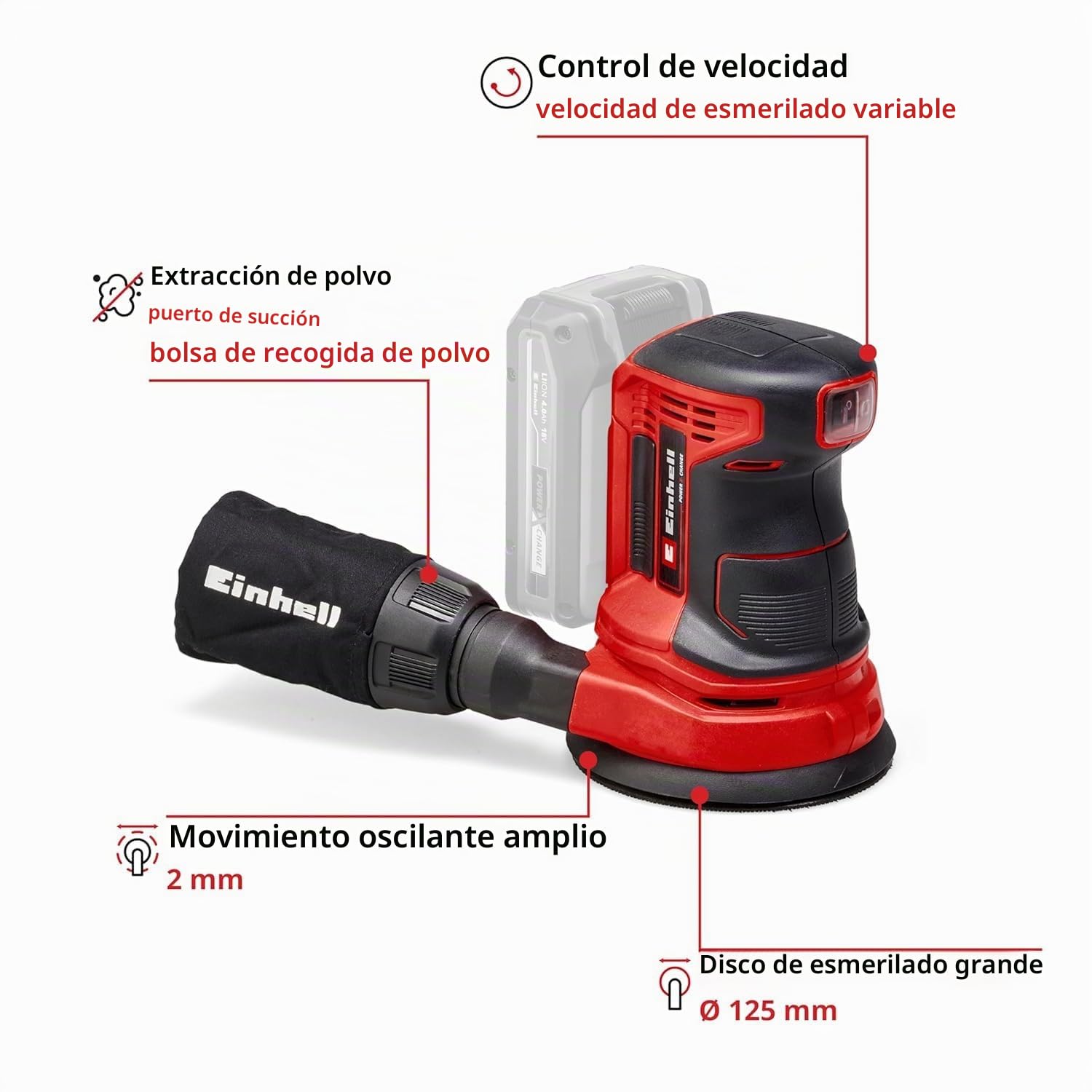 Einhell Lijadora orbital aleatoria inalámbrica TE-RS 18 Li-Solo Power X-Change (ión-litio, electrónica de velocidad, cierre de gancho y bucle, incl. 1x lija P80, sin batería ni cargador)