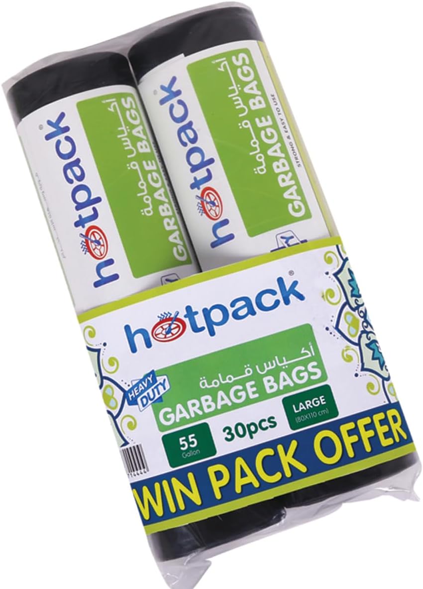 Hotpack Garbage Bag Roll Twin Pack, Large 55 Gallon X 15 Pcs, 80 X 110cm