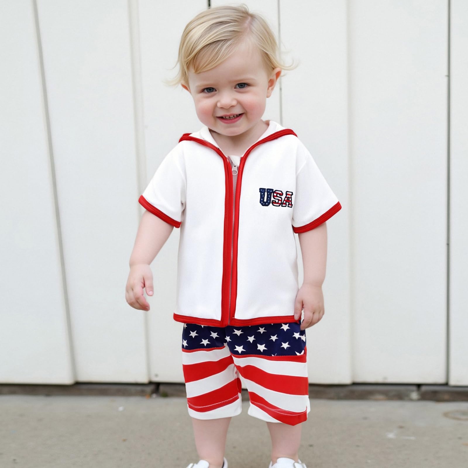 Toddler Baby Boy Girl 4th of July Swim Cover Up Short Sleeve Zipper Hooded Tops Shorts Set Kids Beach Bathing Suit (Red, 12-18 Months)