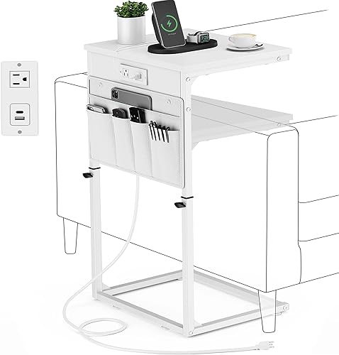 Miniatura 11 de Vagusicc Juego de 2 mesas auxiliares en forma de C con estación de carga, mesa auxiliar pequeña para sofá, mesa auxiliar de sofá de altura 2 piezas