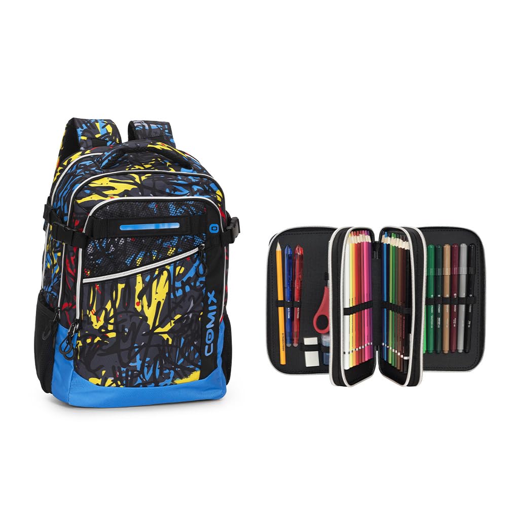 Comix WBS GRAFFITI - Zaino e Astuccio, Ideali per Scuole Elementari o Medie, Astuccio con Set Cancelleria Incluso e Pratiche Chiusure a Zip