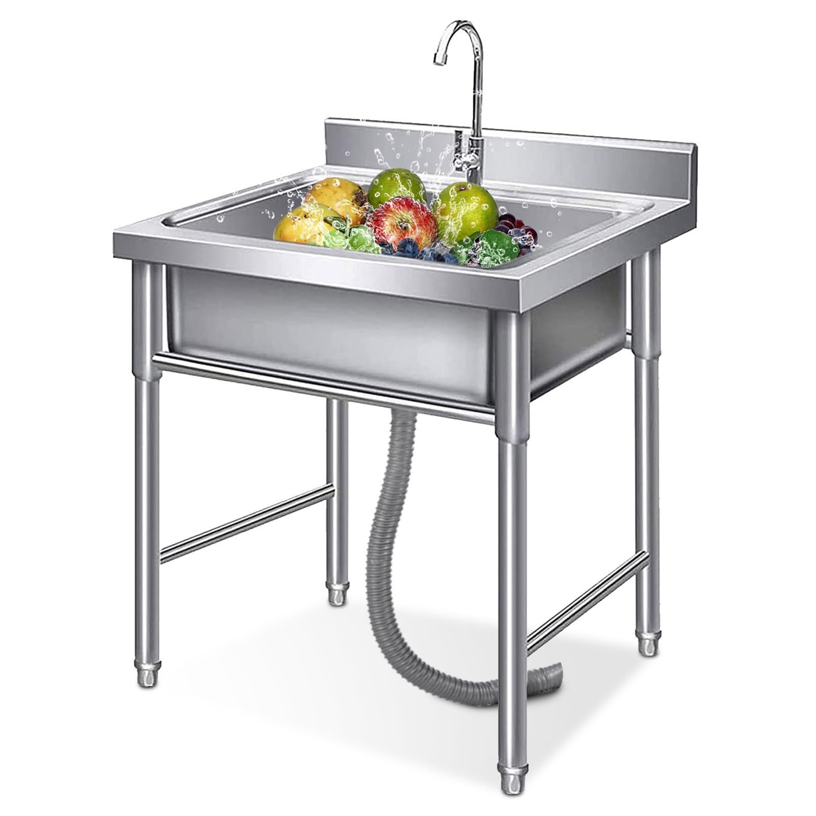 ZQFHSX Stainless Steel Single Bowl Commercial Kitchen Sink with Faucet Utility Washing Hand Basin for Outdoor Yard, Garage, Shop, Basement
