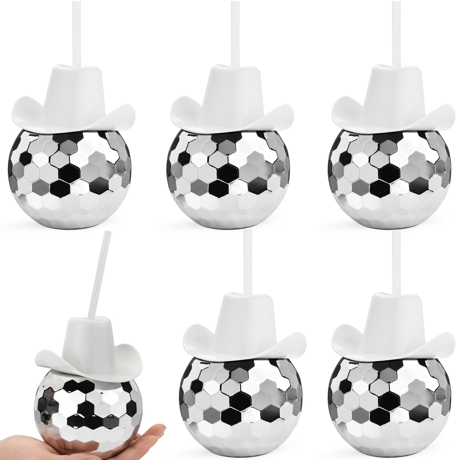 Haundry 6PCS Disco Ball Cups with Cowboy Hat and Straws, 20oz Novelty Sparkly Tumbler Cups for Bachelorette Party, Bridal Shower, Nightclub