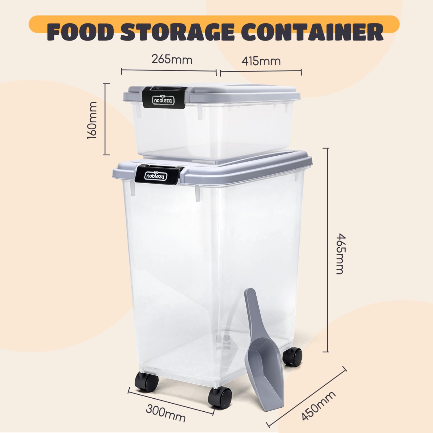 Nobleza Contenedor de Comida para Mascotas 10L+40L， Caja Hermética Transparente con Ruedas， Tapa Abatible y Pala para Alimento de Perros y Gatos， Gris
