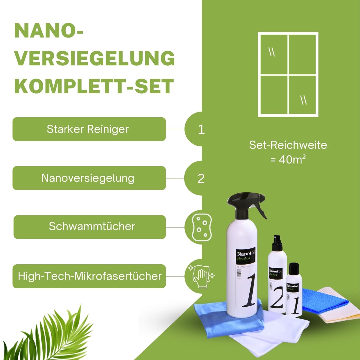 Nanotol Fensterreiniger Set mit Nanoversiegelung - EASY-TO-CLEAN Beschichtung für 40 m² Glas + Rahmen - geeignet für Fensterwischer, Fenstersauger, Abzieher