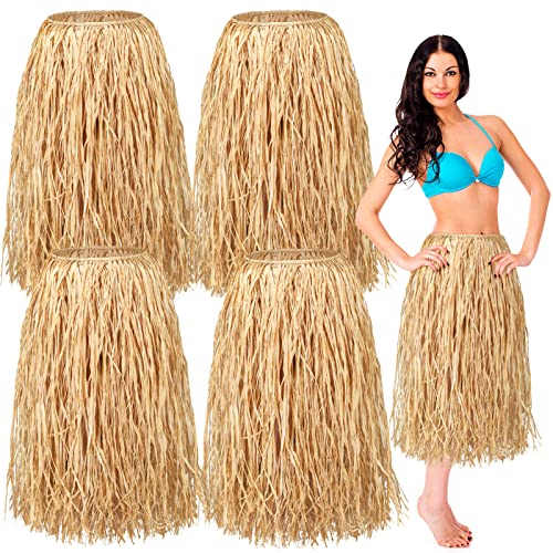 Giegxin Natural Raffia Grass Skirts Tropical Luau Hula Skirt for Adults Women Men Hawaiian Party Costume Beach(Fresh Style 4 Pack)