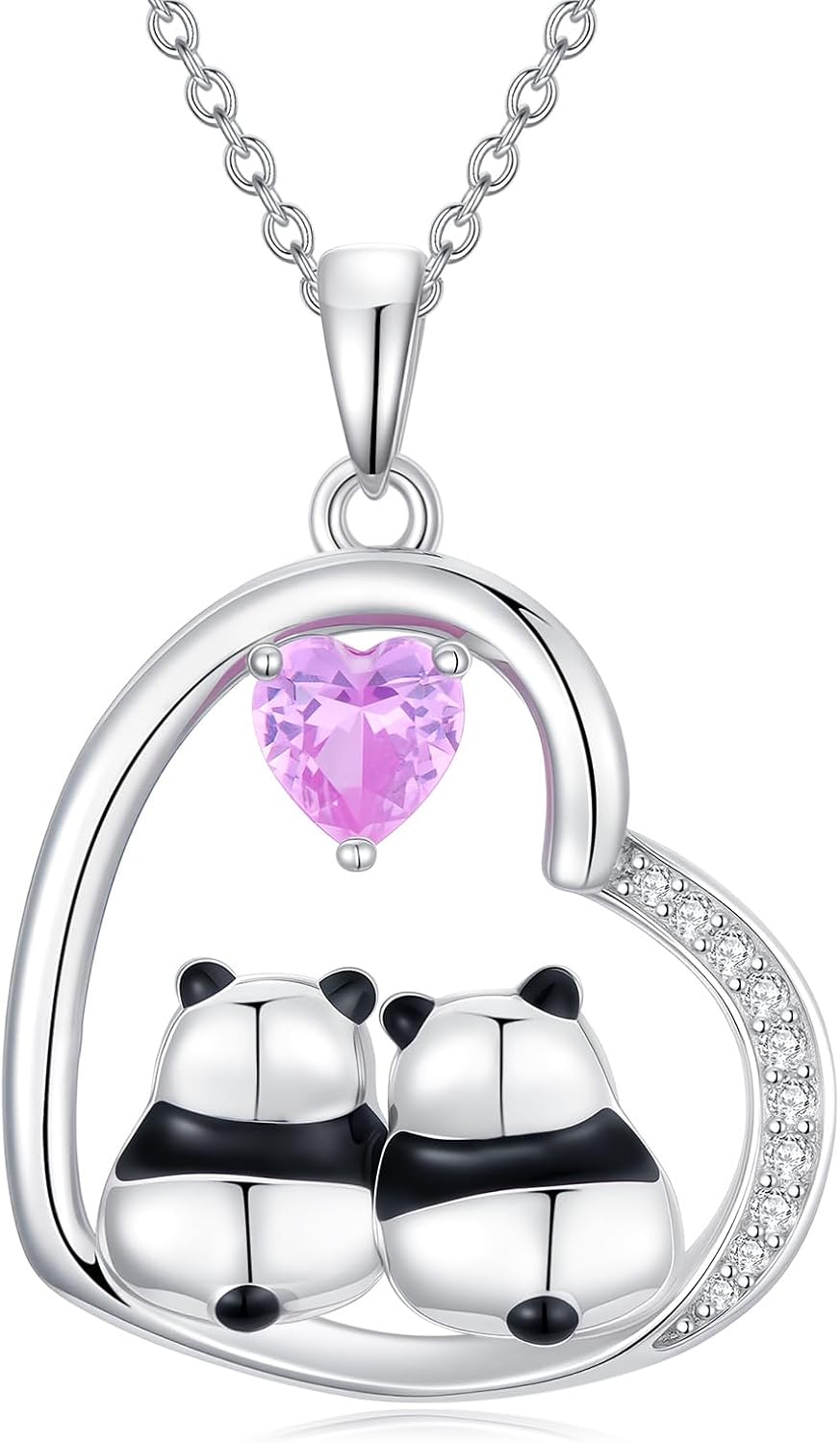 Diamond Panda Necklace 18+2 inch Sterling Silver Chain Anniversary Christmas Mother's Day Birthday Gift for Women