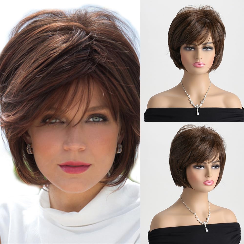 Perruque Femme Synthétique Courte Style Pixie Dégradé Brun - Avec Frange - Neuf Sans étiquettes