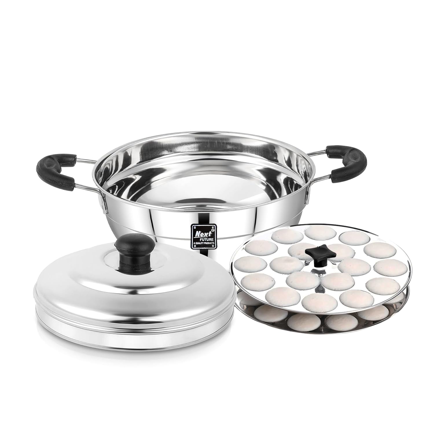 Next Future 5-Star Idli Maker Steel | Mini Idli Steamer Stainless Steel | Button Idli Maker Multipurpose Steel Kadai with 2 Plates (36 Button Idlies)
