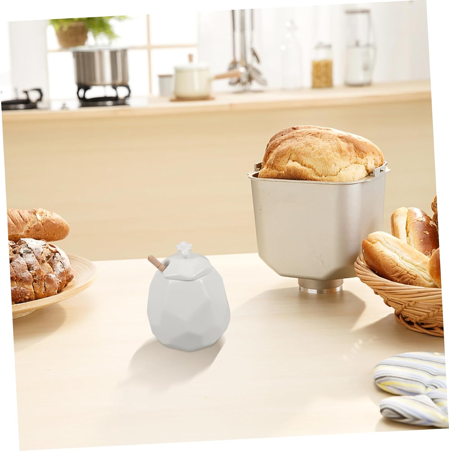 Cabilock Adorable Small Honey Bottle Ceramic Honey Jar Lid and Wooden Dipper for Kitchen Storage