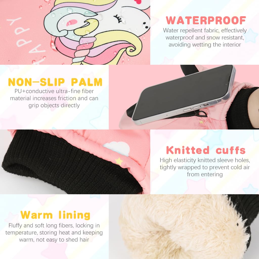 PATPAT® Cartoon Unicorn Printed Kids Hand Gloves for Winter for Girls Aged 7-14, Touch Screen Finger Anti-Slip Design, Ski Gloves, Bike Gloves Windproof Waterproof Warm Riding Winter Gloves 2