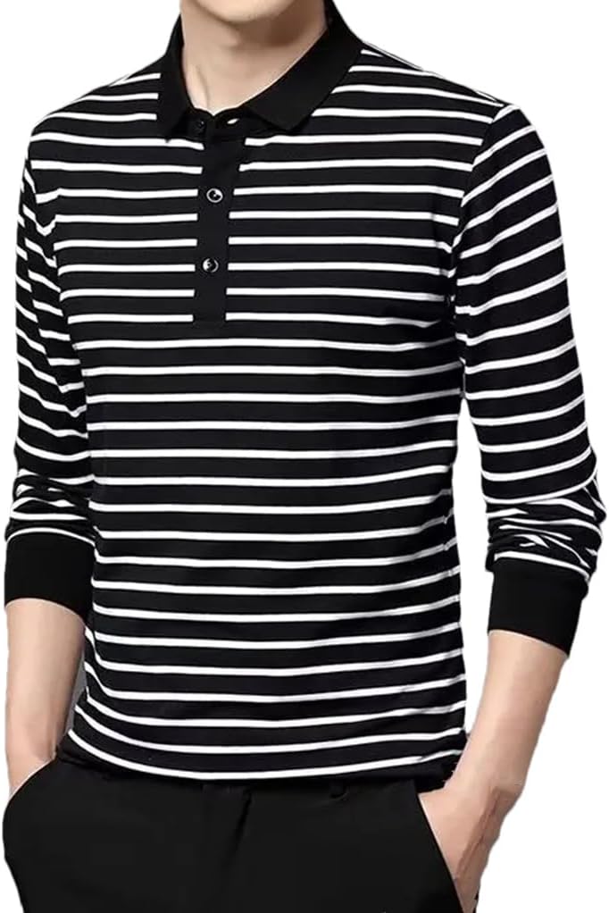Men Striped Polo Shirt Long Sleeve Lapel Cotton Button Business Casual Shirts Top