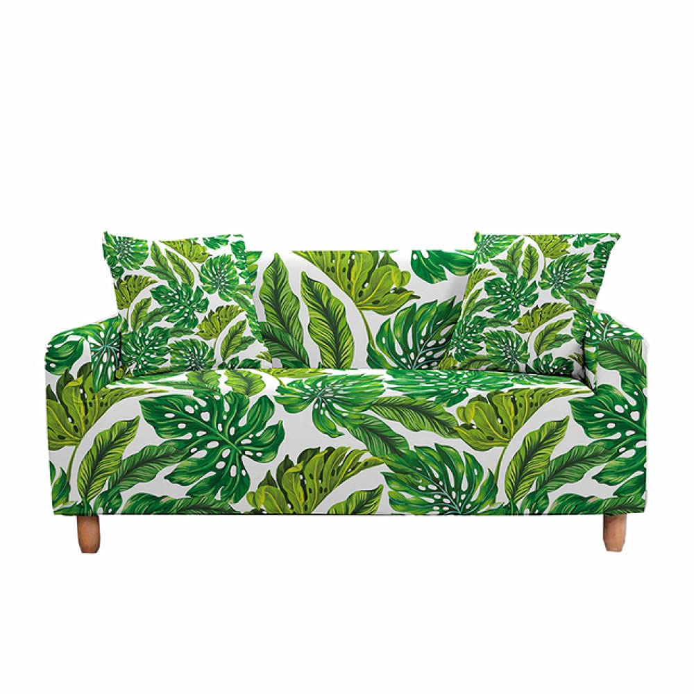 Housse de canapé élastique verte motif feuille tropicale extensible avec 2 taies d'oreiller