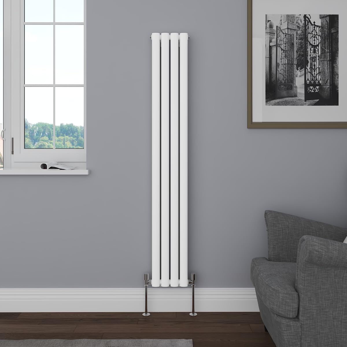 NRG Vertical Designer 1600x236 mm Oval Column Radiator Bathroom Central Heating Rad Gloss White Double Panel — image 1