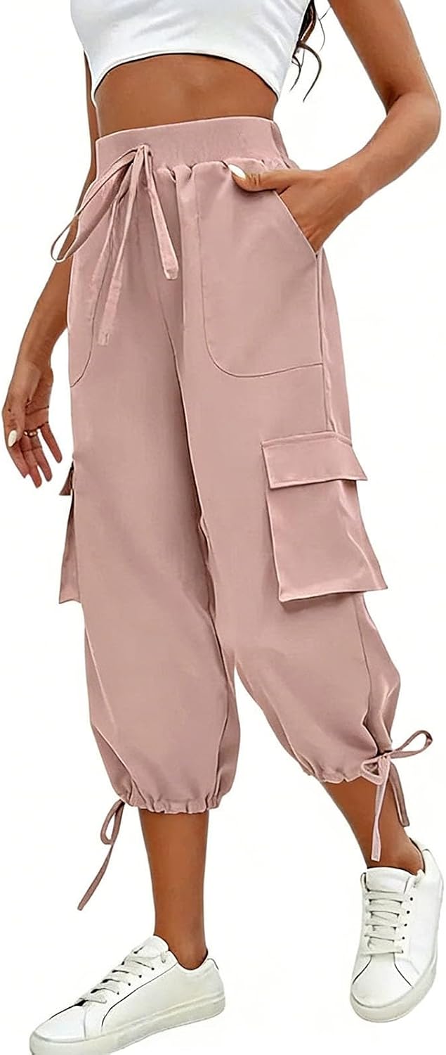 Womens Capris with Pockets Loose Fit Casual Capri Pants Dressy Drawstring Ladies Baggy Cargo Pants for Hiking