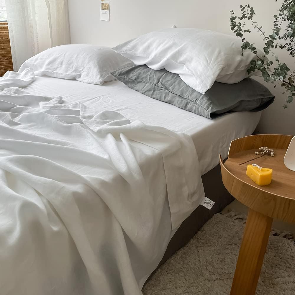 Simple&Opulence 100% Linen Fitted Sheet Full(1 Piece), 14 Inch Deep Pocket Mattress Cover Natural French Flax Stone Washed Farmhouse Soft Breathable Bottom Sheets-White - Image 5