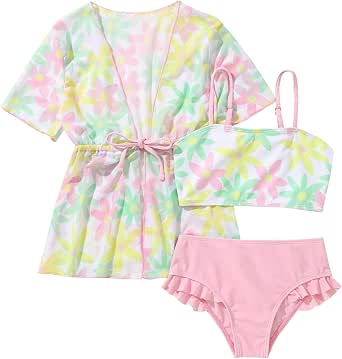 Bikini Bambina 3 Pezzi Floerns | Stampa Tropicale Con Pareo Copricostume | Estate In Spiaggia - 2