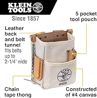 Vista 2 de Klein Tools 5125 - Bolsa de herramientas de lona y cuero con 5 bolsillos con cinta de cadena y conexión de cinturón de túnel