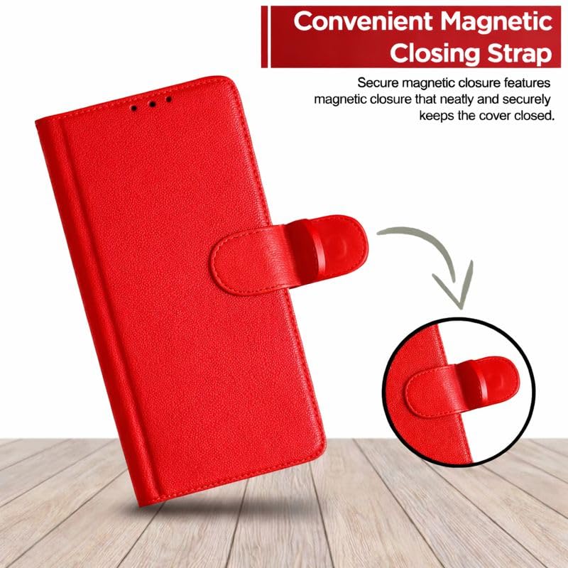 Image of Cover for Vivo T5x 5G / Y51 Pro 5G / iQOO Z11x 5G, Wallet Style, Leather Finish, Magnetic Closure, Inbuilt Stand, Card Pocket (Red)