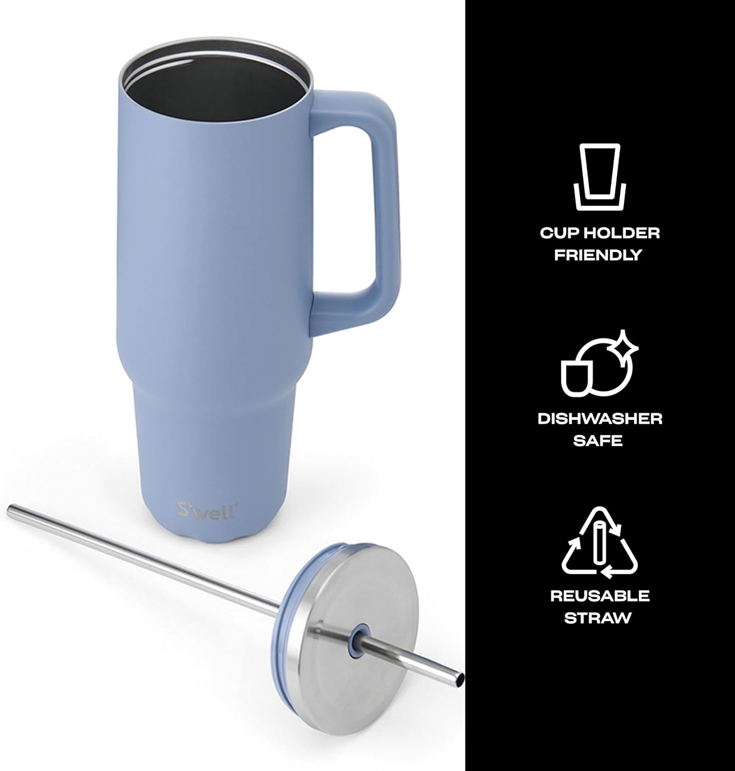 S'well Recycled Stainless Steel Tumbler XL with Straw and Handle, 40oz, Hydrangea Blue, Triple Layered Vacuum Insulated Containers Keeps Drinks Cold for 50 hours, Hot for 10, and Iced for 4 days - Image 4