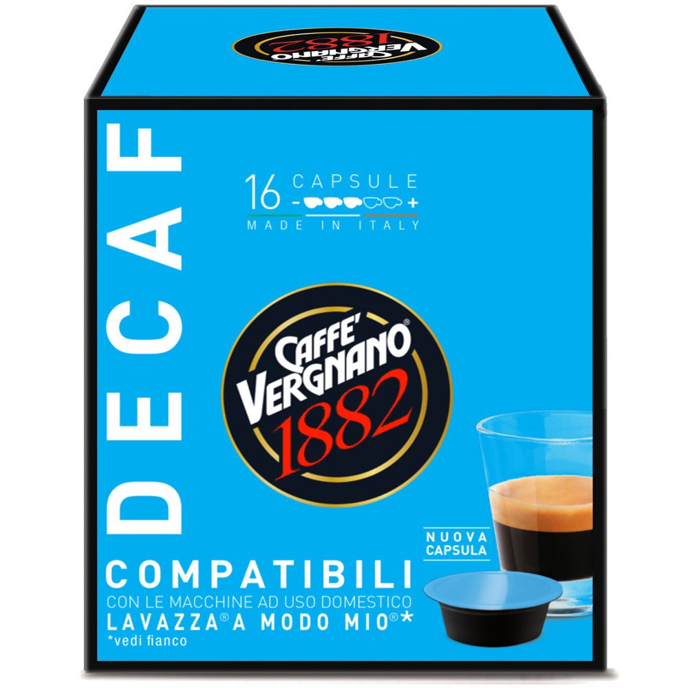 Café Vergnano 1882 Cápsulas Café Compatibles Lavazza A Modo Mio, Descafeinado - 8 paquetes x 16 cápsulas (total: 128)
