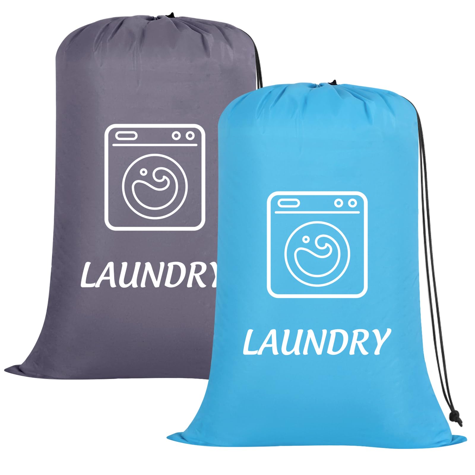 Dntorx 2 Pack Large Travel Laundry Bags, 24" x 36" Heavy Duty Dirty Clothes Bags with Drawstring Machine Washable Reusable, Easy Fit a Laundry Basket or Hamper for Home, Travel, Camping (Blue + Grey)