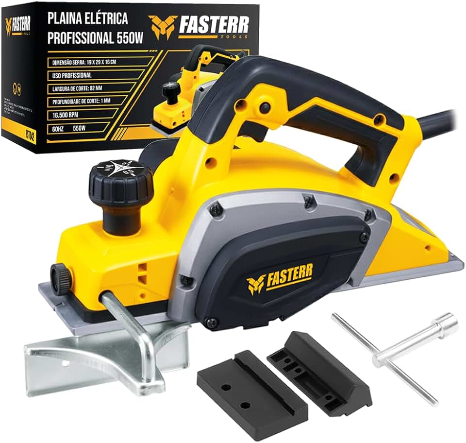 Plaina Elétrica Manual Fasterr FST042 220V 550W 16500 RPM para Madeira com Alta Precisão e Design Compacto com Guia de Corte, Chaves, Suporte para Amolar e Par de Carvão Reserva