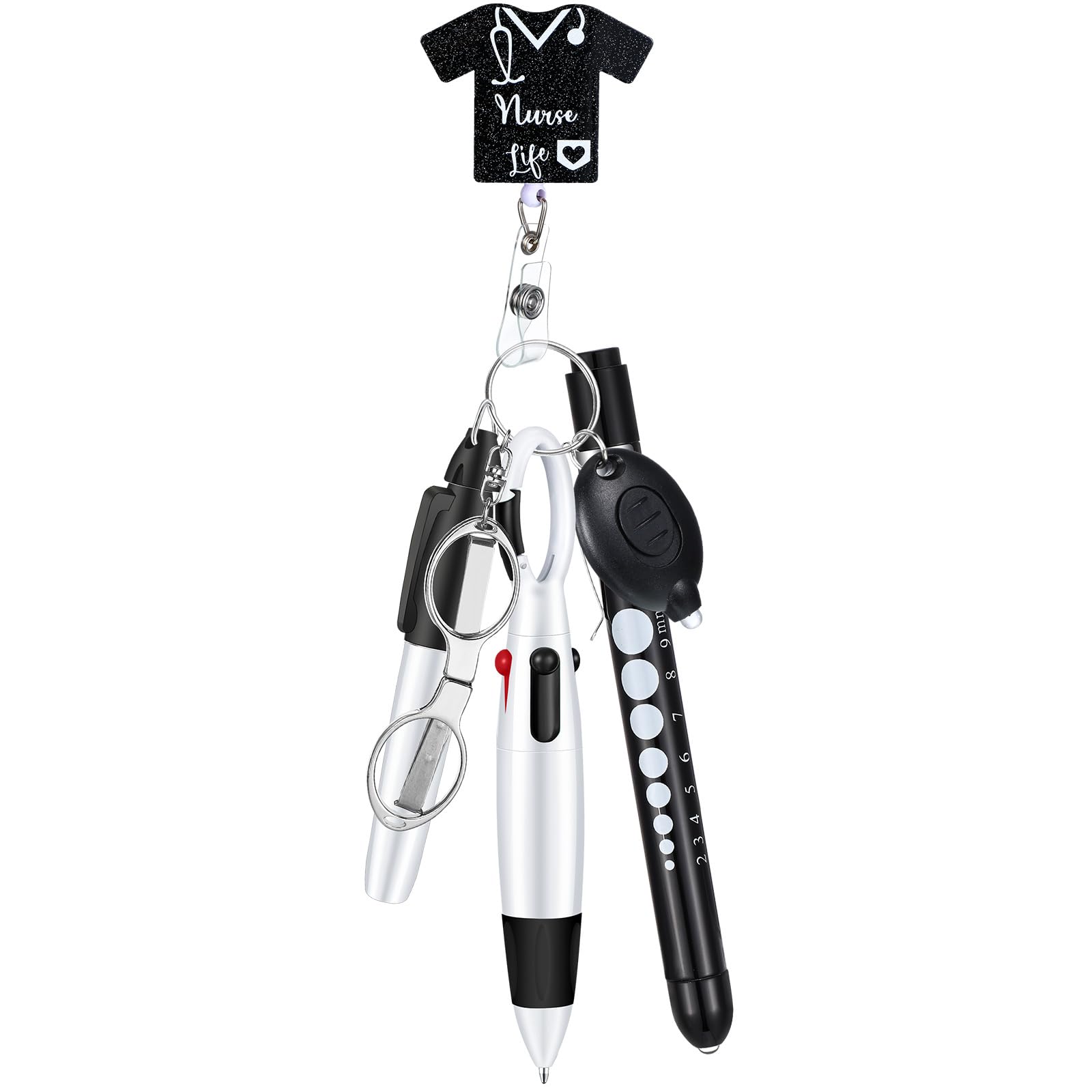 Motipuns 6 Pcs Nurse Badge Accessories Include Permanent Marker Pen Retractable Ball Pen Lights Badge Clip Foldable Scissors LED Flashlight Keychain