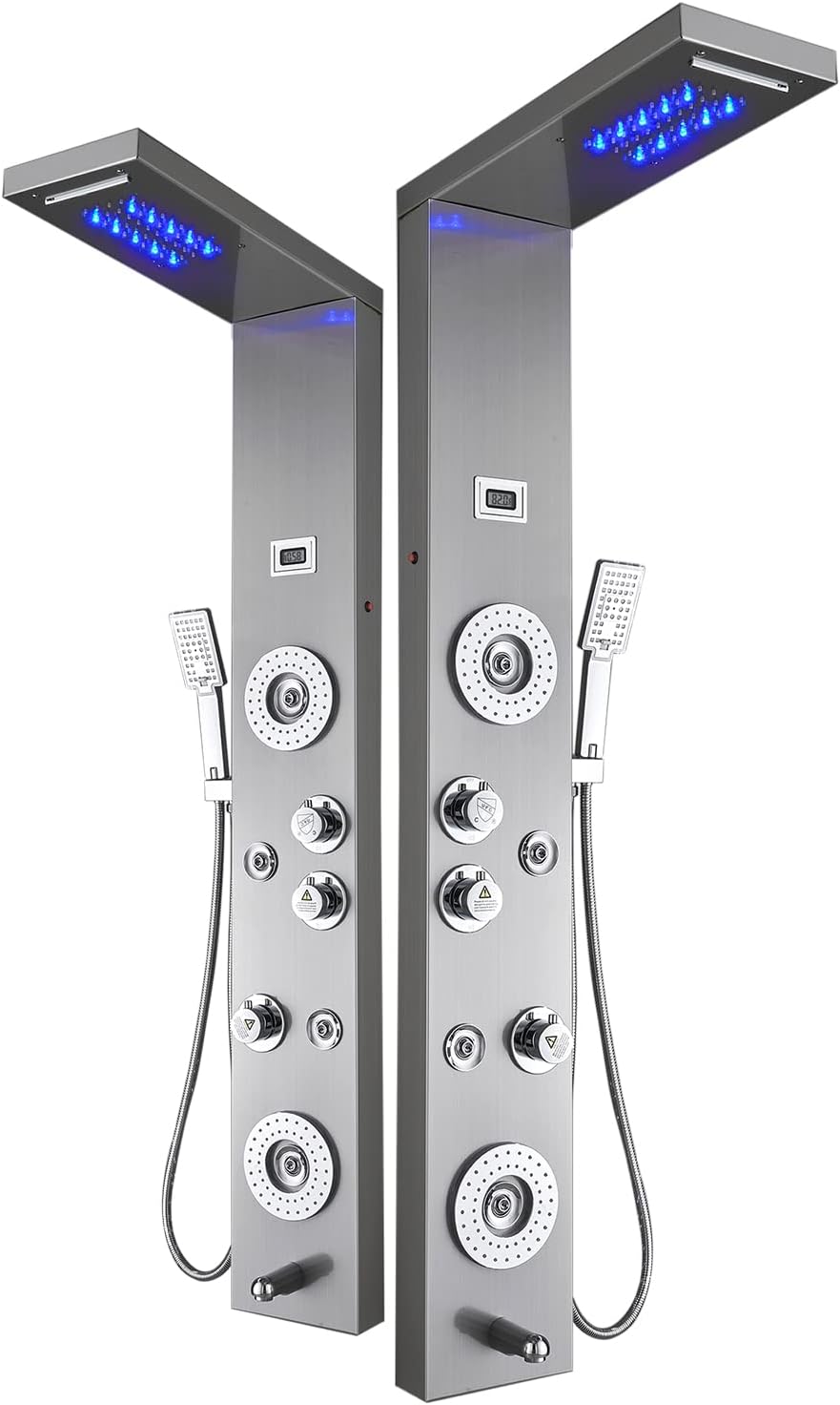 ELLO&ALLO Stainless Steel Shower Panel Tower System,LED Rainfall Waterfall Shower Head 6-Function Faucet Rain Massage System with Body Jets, Brushed Nickel Brushed Style C