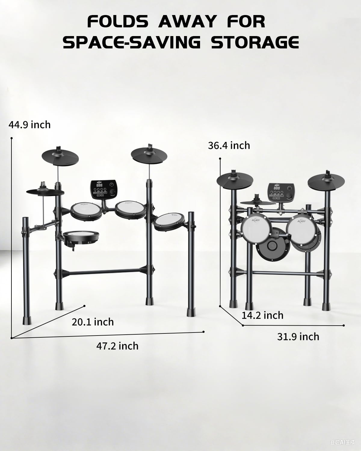 AiJoy Elektronisches Schlagzeug-Set für Erwachsene & Anfänger | Leise Mesh Pads mit 5 Drums & 3 Becken, Dual-Zone Snare, USB MIDI, Soundmodul, inklusive Drum Throne, Kopfhörer, Sticks