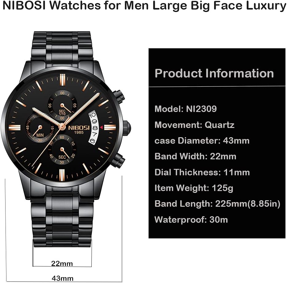 NIBOSI Watches for Men Fashion Stainless Steel Business Casual Luxury Waterproof Luminous Dress Analog Chronograph Luminous Large Big Face Dad Father Gifts Gold Black Wrist Watch - Image 6