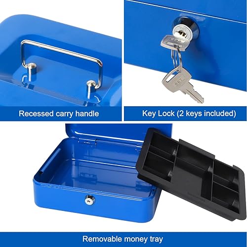 Vista 18 de Caja de dinero pequeña con bandeja de dinero y cerradura, caja de dinero de metal para efectivo, caja de seguridad 7.87 x 6.3 x 3.54 pulgadas
