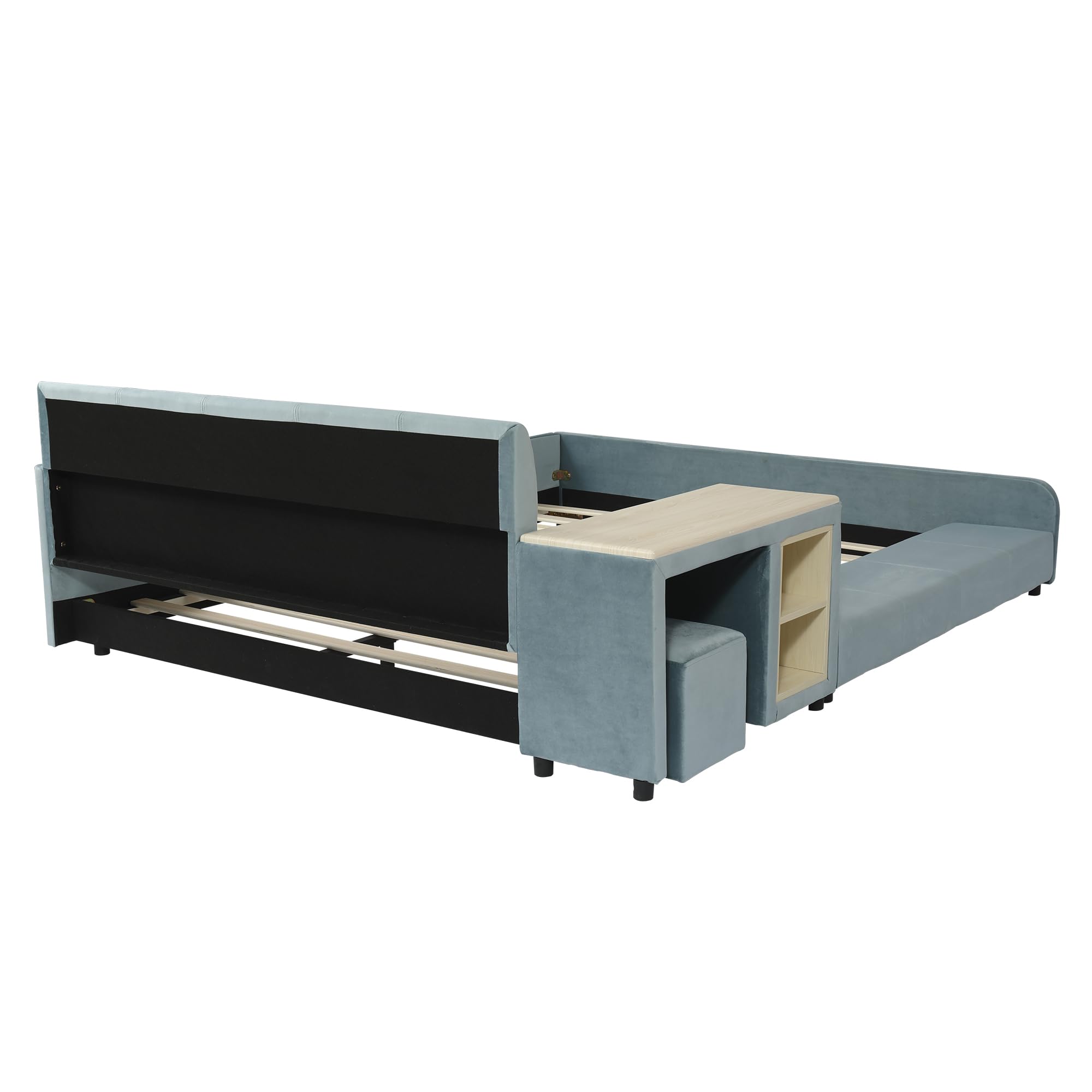 Letto imbottito con scrivania per bambini e sgabello, con ripiano, 140 x 200 cm, letto singolo, letto matrimoniale con testiera e rete a doghe, in velluto, blu