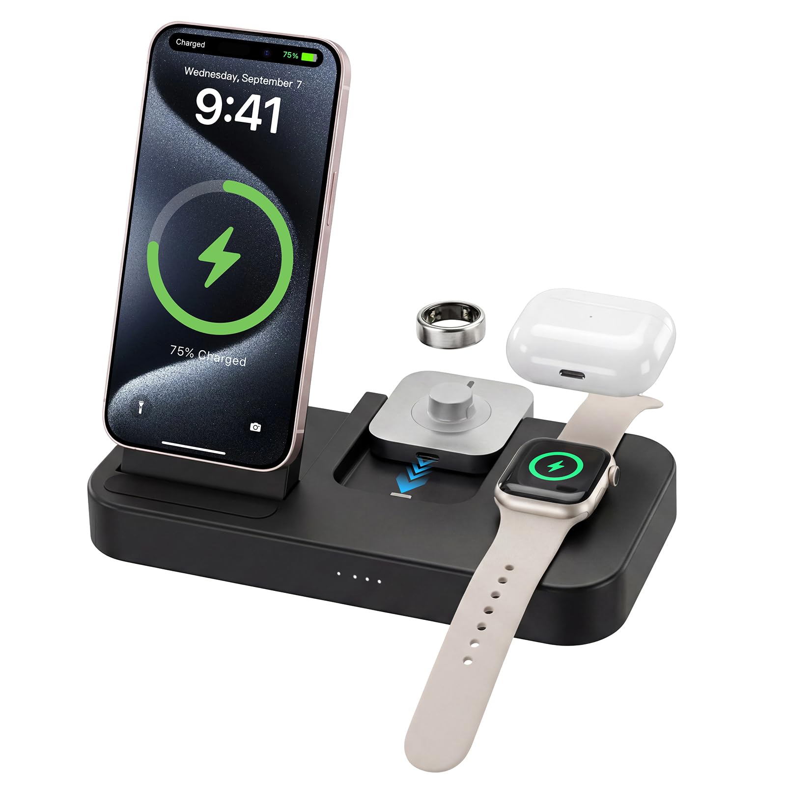 Cargador 4 en 1 para Oura Ring Gen 5 y Gen 4 (Oura Charger NO incluido), estación de carga magnética inalámbrica rápida para iPhone, Apple Watch, AirPods, Samsung Galaxy