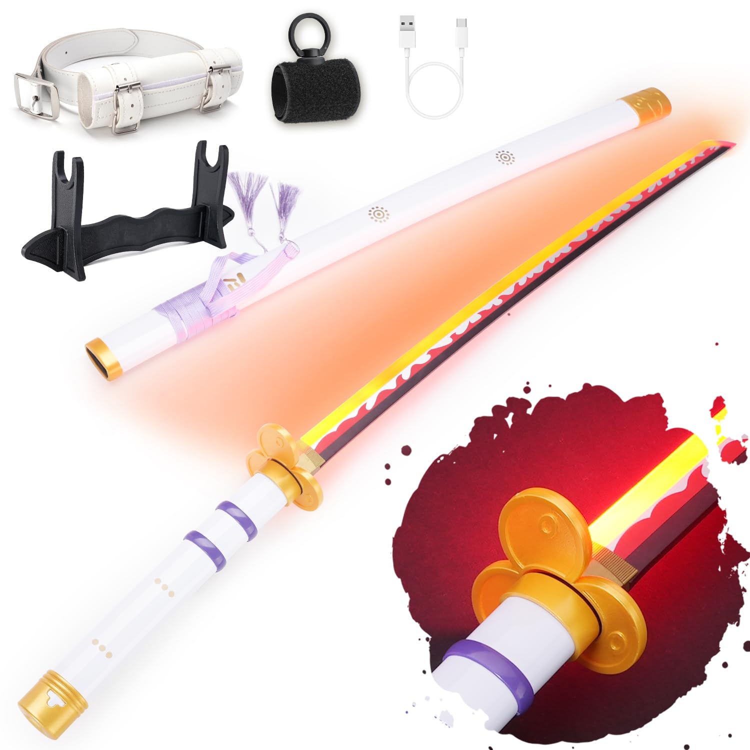 RG RENGENG RENGENG Light Up Sword, 40 Inches Rechargeable Pre-Assembled Plastic Replica Anime Sword with Belt & Stand & Spinner